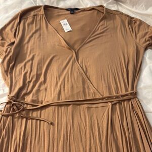 Banana Republic Tan Wrap Midi Dress with Pleated Tie Front